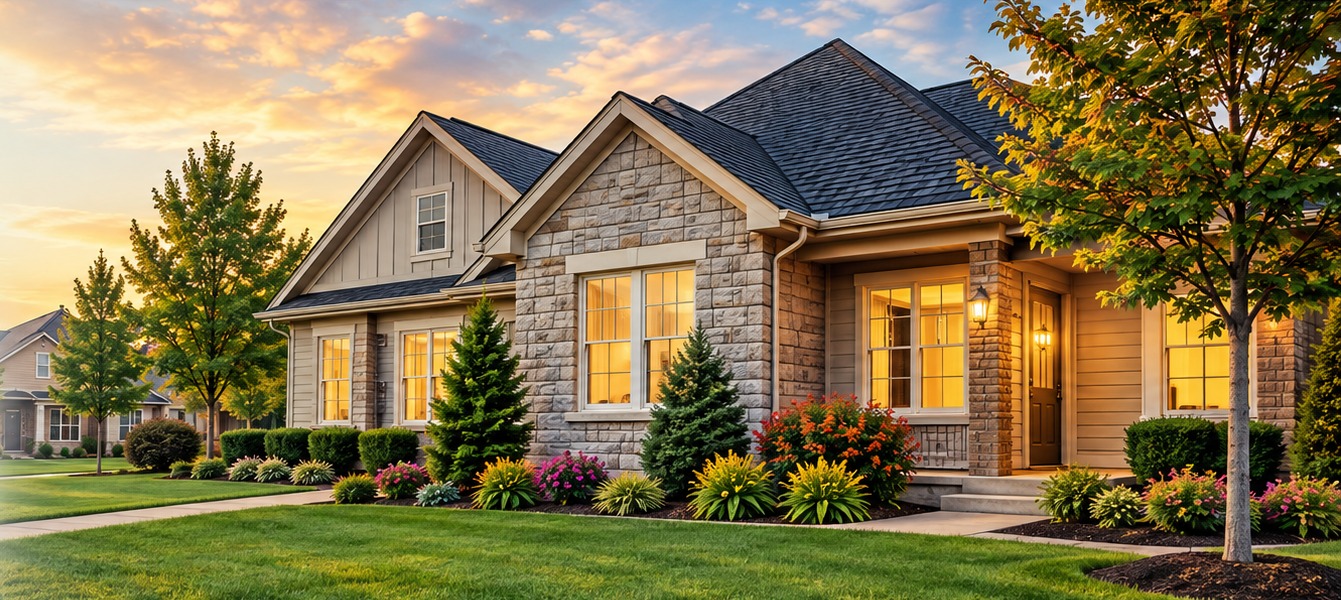 Representative welcoming residential home at sunset
