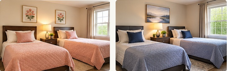 Representative shared bedrooms, each showing two separate individual beds